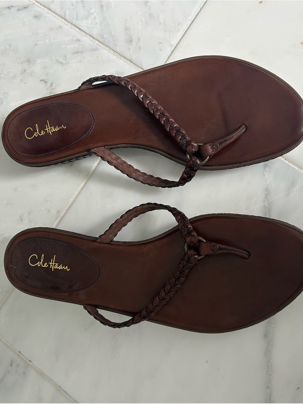 Cole Haan Brown Braided Leather Thong Sandals - Dark Brown